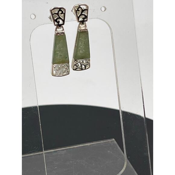 SU Sterling Silver Filigree Chinese Rectangular Jadeite Dangle Drop Earrings - Picture 8 of 8